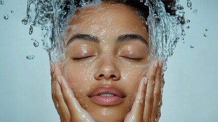 Woman Washing Face with Splashing Water Close Up