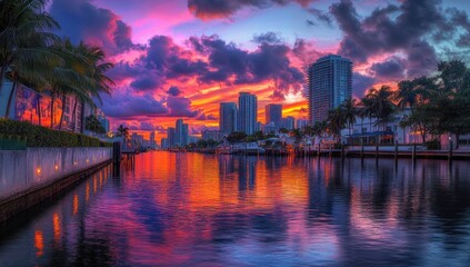 Vibrant Sunset over Miami Skyline Reflection