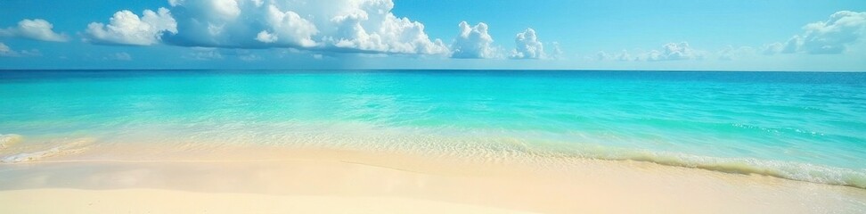 Fototapeta premium Golden sand, crystal-clear water, distant emerald isle under blue sky , idyllic, beautiful, waves