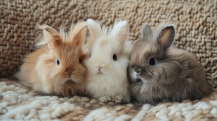 Three Fluffy Baby Rabbits Sitting Together on Beige Wool
