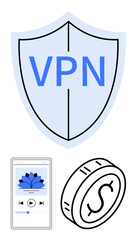 Shield marked with VPN, representing cybersecurity. Coin with dollar sign symbolizes finance, and mobile screen shows music app. Ideal for tech, security, finance, media, apps and data safety