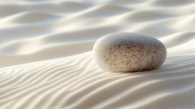 Oval Stone Resting On Golden Sand With Ripples at Beach During Daytime With Natural Lighting