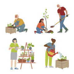 Set of plant care scenes, planting seedlings, trees. Concept for gardening or farming. Vector flat illustration