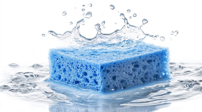 Blue sponge with water splash isolated on a white background,
