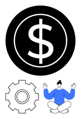 Large dollar symbol in black circle, minimalist outlined gear, and seated figure meditating for work-life balance. Ideal for finance, productivity, mindfulness, career growth, self-care, efficiency