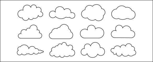 Set of line vector icons of clouds. Shapes in the sky. Simple illustrations for weather app or cloud storage. Black and white