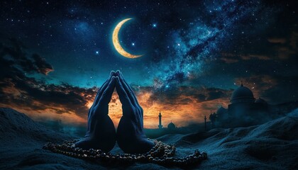 Silhouette of Praying Hands at Night with Crescent Moon and Starry Sky over Cityscape