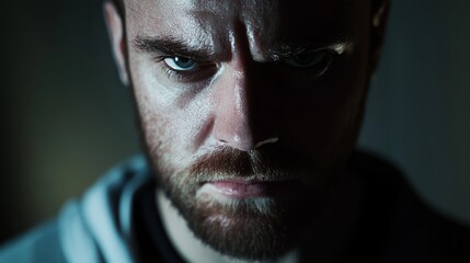 Obraz premium A young man looks seriously at the camera. A frown. Close-up portrait