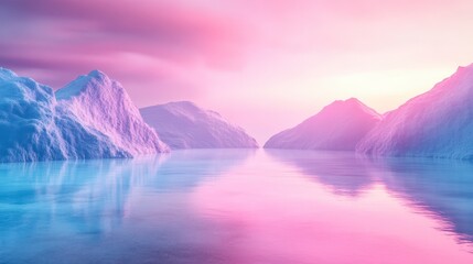 Pixelated Mountain Landscape with Water Reflection in Shades of Blue and Pink