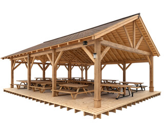 Open sided wooden pavilion with detailed trusses, timber beams, and picnic tables