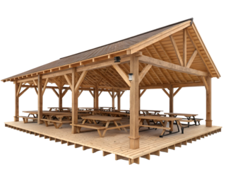 Open sided wooden pavilion with detailed trusses, timber beams, and picnic tables