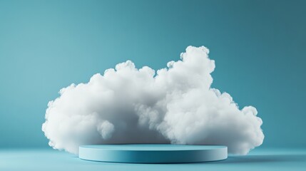 White cloud-like podium on a blue background, an abstract scene for product presentation with a smoke effect