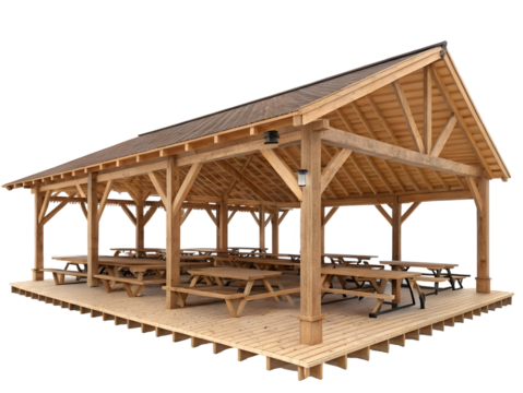 Open sided wooden pavilion with detailed trusses, timber beams, and picnic tables