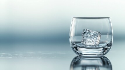 Single Ice Cube in Glass Cup with Water Droplets on a Gray Reflective Surface