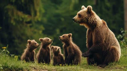 Obraz premium Brown Bear and Cubs in Lush Green Forest