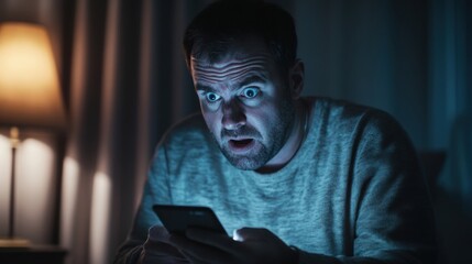 Worried user holding a mobile phone, looking at an emergency notification. Featuring panic and urgency