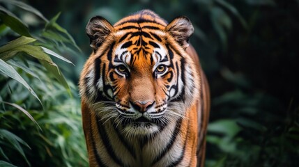 Fototapeta premium Powerful Tiger Portrait in Lush Green Forest