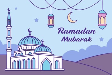 Realistic Muslim 'Ramadan Mubarak' festival greeting beautiful background with lanterns and mosque