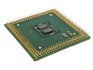 Close Up of Microprocessor on Green Circuit Board with Gold Pins