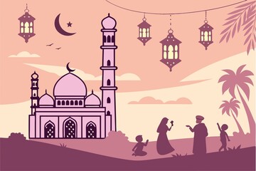 Realistic Muslim 'Ramadan Mubarak' festival greeting beautiful background with lanterns and mosque