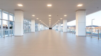 Modern walkway, city view, bright lighting, empty space, architectural design