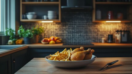 Delicious golden fried chicken and crispy fries served on a wooden table in a cozy kitchen setting