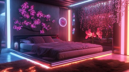 Neon-lit bedroom with futuristic decor, flowers, and ambient lighting; ideal for relaxation or design websites.