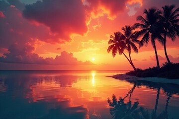 Obraz premium Fiery sky reflects on calm turquoise water, silhouetted palms, bright sunset, warm