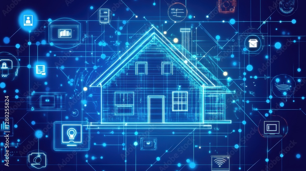 Poster digital blueprint of a house surrounded by technology icons representing smart home features