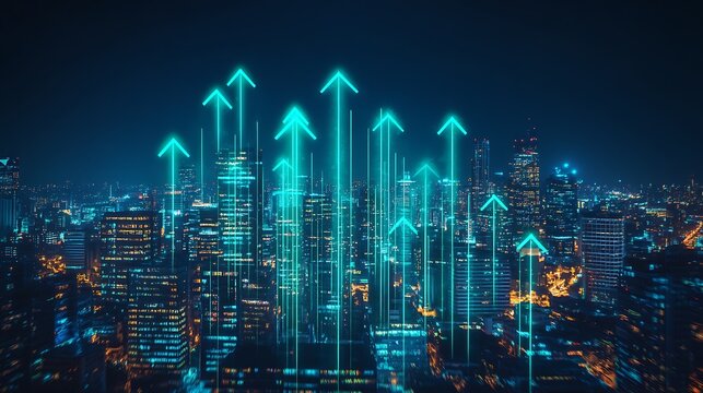 Digital Background Featuring Green Arrows Pointing Upward in Cityscape