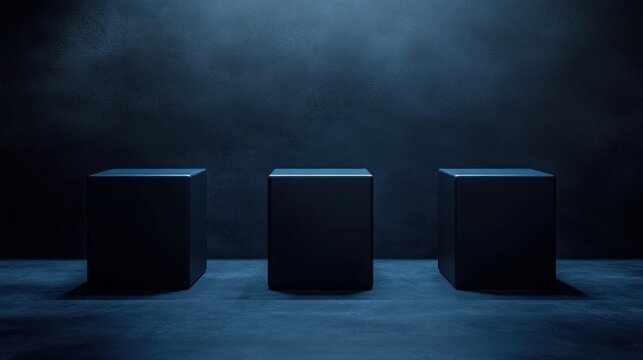 Three dark cubes on smoky blue background.