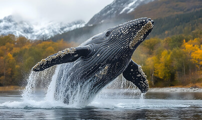 Fototapeta premium Majestic Humpback Whale Breaching in Serene Waters