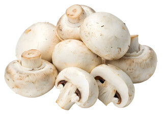 Cluster of whole and sliced white button mushrooms with visible gills and slight soil traces