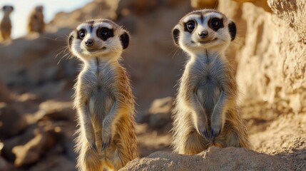 Fototapeta premium Two Alert Meerkats on Sandy Rocks at Sunset