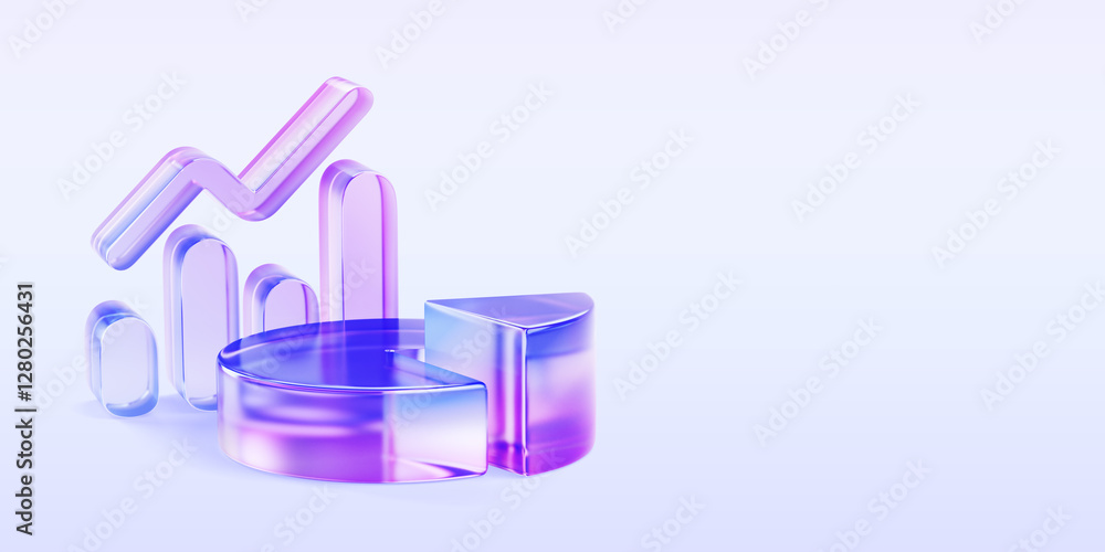 Poster 3d glass holographic transparent pie chart and bar graph on blue render background. infographic grad