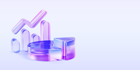 3d glass holographic transparent pie chart and bar graph on blue render background. Infographic gradient diagrams, financial data analysis, statistic. Business presentation web banner. 3D illustration