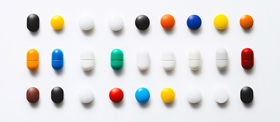 Colorful pills and tablets arranged in rows on white background.