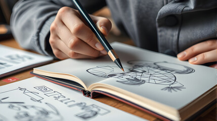 Close-Up of an Artist Sketching in a Notebook