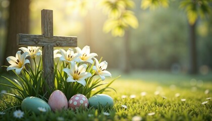 Rustic Wooden Cross Amidst White Lilies and Pastel Easter Eggs in Sunrise Glow