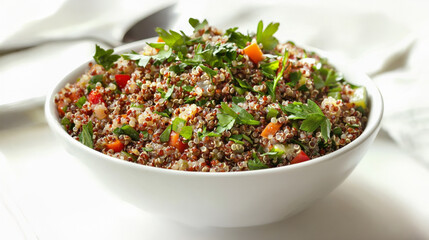 Healthy quinoa bowl with fresh vegetables and herbs