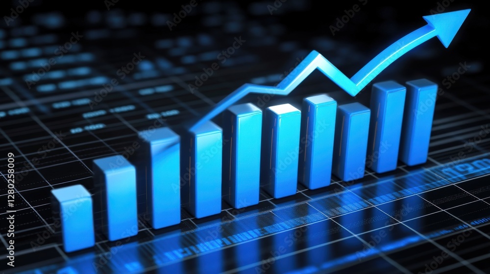 Poster blue bar graph illustrating growth trends on a digital background with data analysis elements