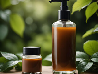 Organic Cosmetic Product in Brown Dispenser with Green Leaves – Eco-Friendly Beauty Mockup