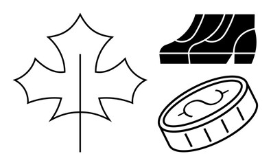 Black and white outline of a maple leaf, hockey puck, and winter boots. Ideal for themes thumbs up Canada, winter sports, national identity, nature, seasonal change sports economy. Abstract line