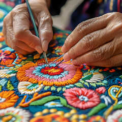 A close-up of hands meticulously embroidering a colorful floral design.