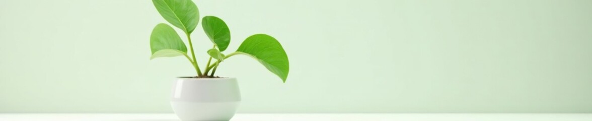 delicate green leaf on white ceramic pot isolated, green plant, still life, minimalist