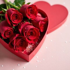 Close-up of red roses with a heart-shaped gift box , rose, red, gift