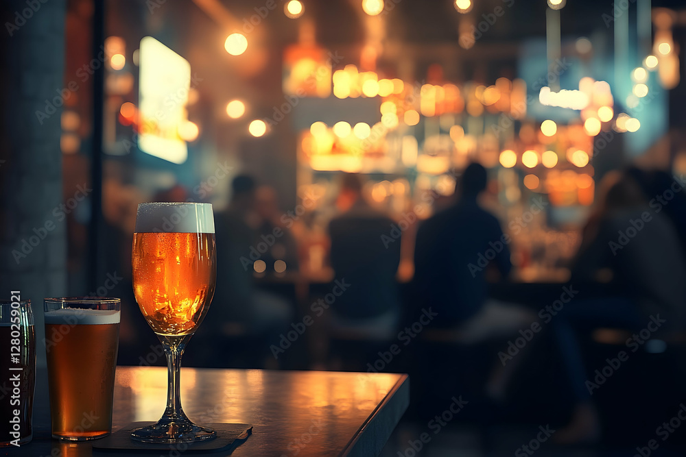 Poster golden beer glasses on a bar counter with blurred bar background creating a cozy and inviting atmosp