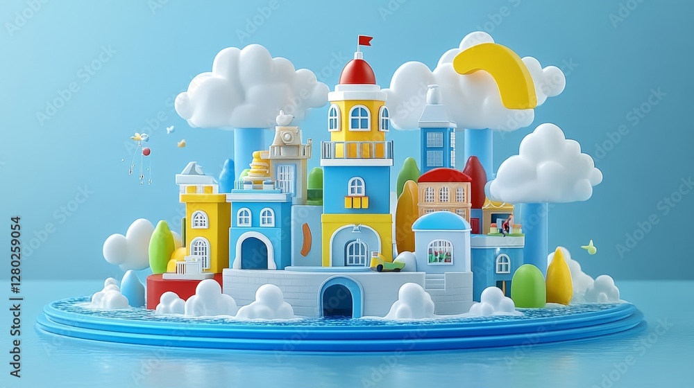 Poster Whimsical Cityscape Constructed from Colorful Building Blocks Floating on Water beneath Fluffy Clouds on Light Blue Background