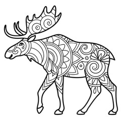 Moose Coloring Page: Intricate Zentangle Style Antlered Animal Illustration for Relaxation & Creative Fun - Printable Art Therapy Design