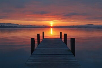 Obraz premium Sunrise over lake dock, tranquil morning